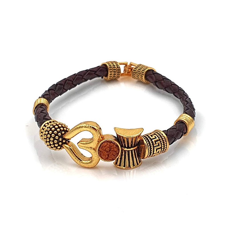 Gold Healing and Powerful Rudraksha Damru Trishul Shiva Adjustable Leather Bracelet